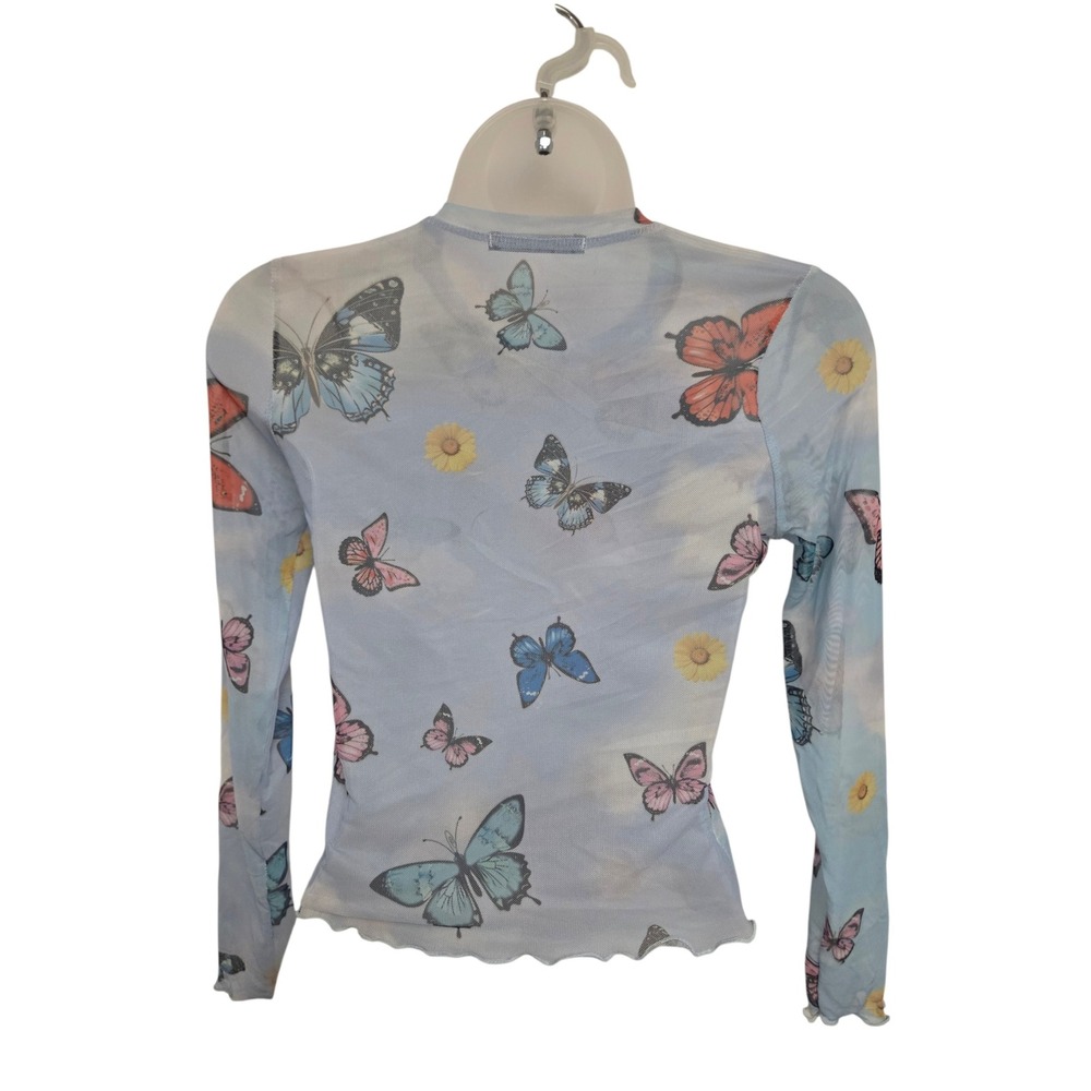 Rock Rose Couture Butterfly Mesh Top Blue Cloud Lettuce Hem Long Sleeve Medium